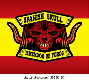 Vector illustration with stylized matador skull and bull's horns. Colored illustration on red and yellow background