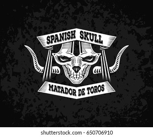 Vector illustration with stylized matador skull and bull's horns. White skull on black grunge background. Texture on separate layers and can be easily disabled