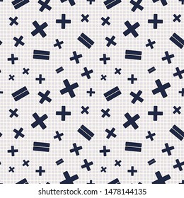 Vector illustration of stylized math symbols on grid textured background. Seamless pattern for back to school supplies, textile, gifts, wallpaper and scrapbooking.