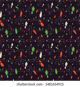 Vector illustration of stylized math symbols and lime, coral, cream, neon paint splatter on black background. Seamless pattern for back to school supplies, textile, gifts, wallpaper and scrapbooking.