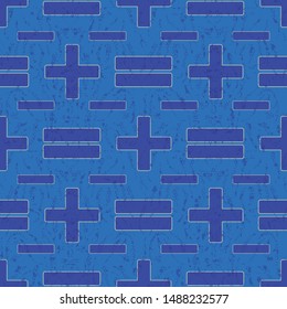 Vector illustration of stylized math symbols on textured blue background. Seamless pattern for back to school supplies, textile, gifts, wallpaper and scrapbooking.