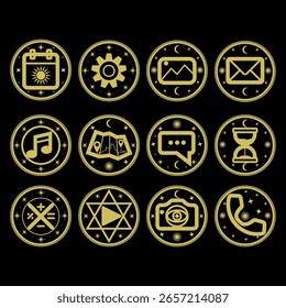 Ilustração vetorial de ícones de aplicativos móveis estilizados. Cada ícone apresenta quadros circulares com símbolos místicos, sol, lua e estrelas. 