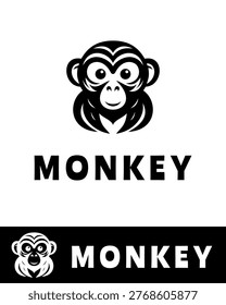 Vector illustration of a stylized monkey face logo in black and white in flat and minimalist style