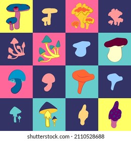 Vector illustration with stylized mushrooms. A pattern in the style of pop art. Retro background.