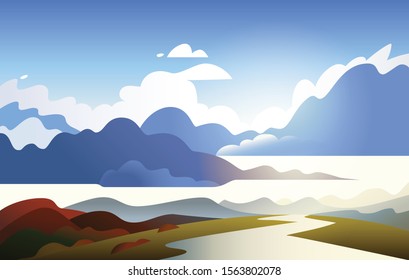 Vector illustration of stylized natural landscape with a river. Minimalist modern style.