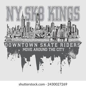 Vektor-Illustration der stilisierten New York City Skyline. Mit Schriftzügen und einer Anspielung auf das Skateboarden komponierte Kunst.