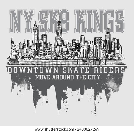 Vector illustration of stylized New York City skyline. Art composed with lettering and an allusion to skateboarding.