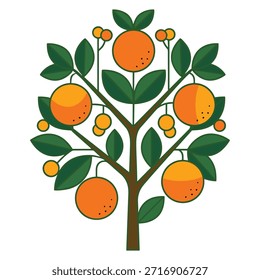 Ilustración vectorial de un naranjo estilizado cargado de naranjas maduras, hojas verdes y bayas Pequeñas. Simboliza la cosecha saludable y la naturaleza.