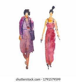 Vector illustration: stylized people. Watercolor sketches Two women