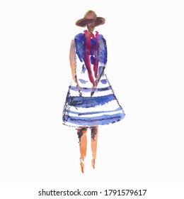 Vector illustration stylized people. Watercolor sketches. Woman dressed in striped dress