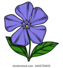 Vector illustration of a stylized periwinkle flower with vibrant purple petals and deep green leaves, showcasing a unique hand-drawn aesthetic.