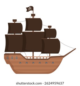 Vector illustration of a stylized pirate ship with sails and a skull flag, isolated on white