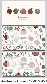 Vector illustration. Stylized pomegranate. Cards design set. 