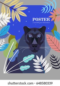 Vector illustration. Stylized portrait of a black panther of geometric shapes. Postcard.