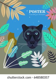 Vector illustration. Stylized portrait of a black panther of geometric shapes. Postcard.