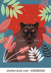 Vector illustration. Stylized portrait of a black panther of geometric shapes. Postcard.
