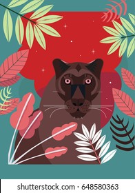 Vector illustration. Stylized portrait of a black panther of geometric shapes. Postcard.