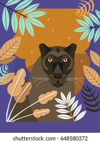 Vector illustration. Stylized portrait of a black panther of geometric shapes. Postcard.