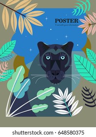 Vector illustration. Stylized portrait of a black panther of geometric shapes. Postcard.