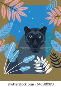 Vector illustration. Stylized portrait of a black panther of geometric shapes. Postcard.