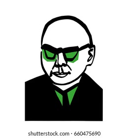 Vector illustration. Stylized portrait of a man in glasses on a white background with green dice.