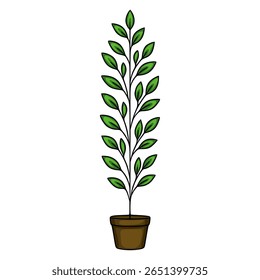 Ilustração vetorial de uma planta em vaso estilizada com folhas verdes vibrantes, exibindo um design estético minimalista perfeito para decoração de casas ou projetos de temática botânica.