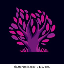 Vector illustration of stylized purple tree. Ecology conservation symbol isolated om back background. 