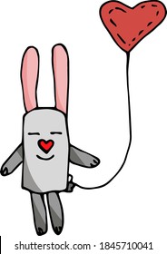 Vector illustration of a stylized rabbit with a heart shaped balloon doodle isolated on white. Print, scrapbooking, sticker, icon, label, logo