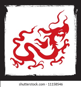 vector illustration of stylized red dragon logo  and grunge black ink frame
