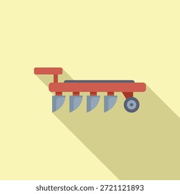 Vector illustration of a stylized red farm plow in flat design, casting a shadow on a pastel yellow background