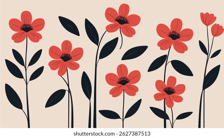 Vector illustration of stylized red-petaled flowers with black stems and leaves, gently arching in various directions.