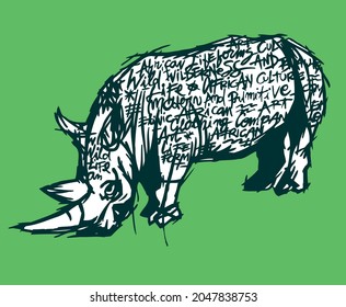 Vector illustration of stylized rhino with text. Handmade art.