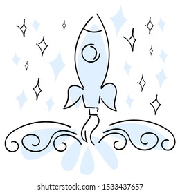 Vector illustration of a stylized rocket taking off into space. Lines and monochrome color are used. Concept of development, opening new prospects.