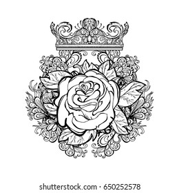 Vector illustration of a stylized rose with the crown, isolated. Tattoo, textile printing, image coloring book. Floral ornament, background. T-shirt printing, the cover. 