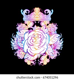 Vector illustration of a stylized rose with the crown, isolated. Tattoo, textile printing, image coloring book. Floral ornament, background. T-shirt printing, the cover. 