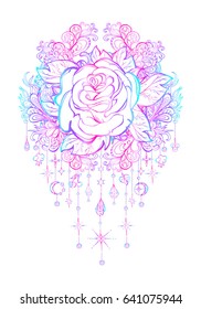 Vector illustration of a stylized rose with pendants, isolated. Tattoo, textile printing, image coloring book. Floral ornament, background. T-shirt printing, the cover. Design element. Bohemian. Boho.
