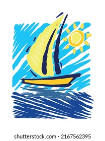 Vector illustration of stylized sailboat. Art in free and uncluttered lines.