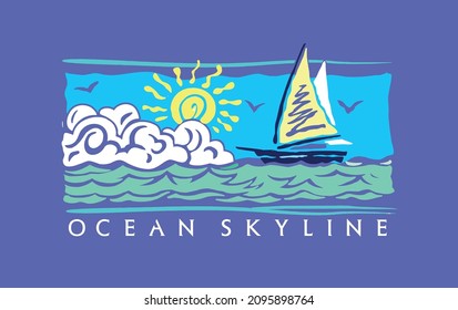 Vector illustration of a stylized sailboat in stripped and irregular strokes.