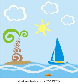 vector illustration of stylized sailing boat and palm tree on island
