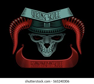 Vector illustration with stylized scandinavian skull in warrior helmet with boat