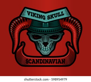 Vector illustration with stylized scandinavian skull in warrior helmet with boat