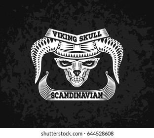 Vector illustration with stylized scandinavian skull in warrior helmet with boat. White skull on black grunge background. Texture on separate layers and can be easily disabled