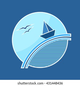 Vector illustration with stylized ship sailing through the waves and flying seagulls inside of circle.