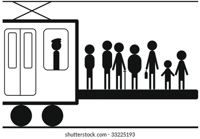 Vector illustration of stylized silhouetted people on a train or tram platform