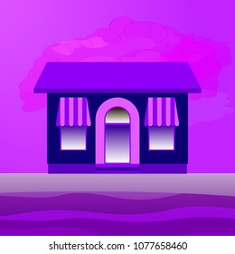 Vector illustration of a stylized single-storey building in romantic purple lilac tones. For catalogs, real estate, mortgages, shops, etc.