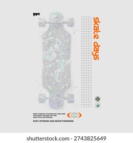 Vector illustration of a stylized skateboard in halftone dot pattern with urban typography, "Skate Days" text, and geometric grid elements.