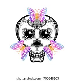 vector illustration stylized skull with butterfly. Demonic Tattoo, decorative printing on T-shirt, logo, gothic symbol. Decor for Halloween. Poster