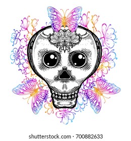 vector illustration stylized skull with butterfly. Demonic Tattoo, decorative printing on T-shirt, logo, gothic symbol. Decor for Halloween. Poster