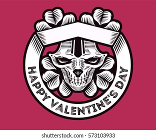 Vector illustration with stylized skull, hearts and Happy Valentine's Day. Isolated black and white illustration on pink background