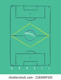 Vector illustration of stylized soccer field in composition with the flag of Brazil.